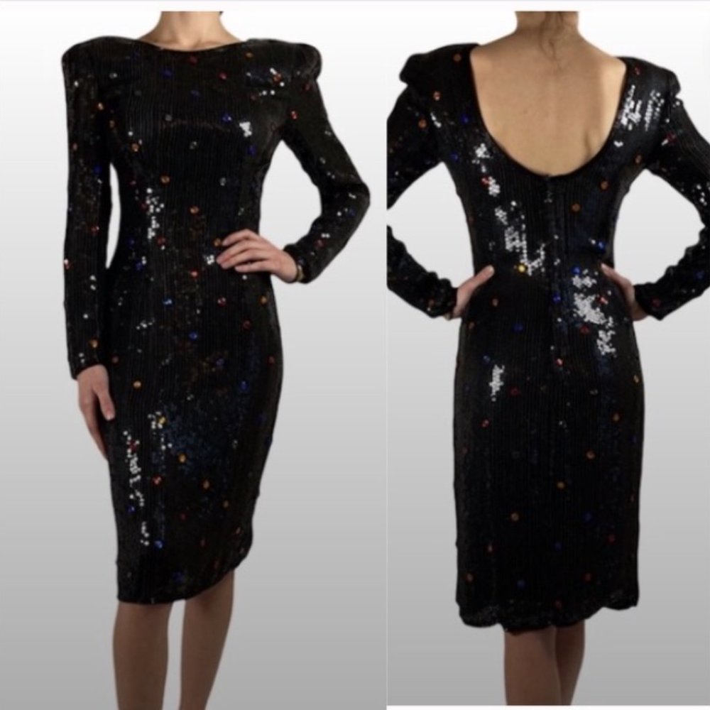 VTG Scarlet Rage Black Sequin Silk Dress S Multi-Color Jewels Lined Formal Dress